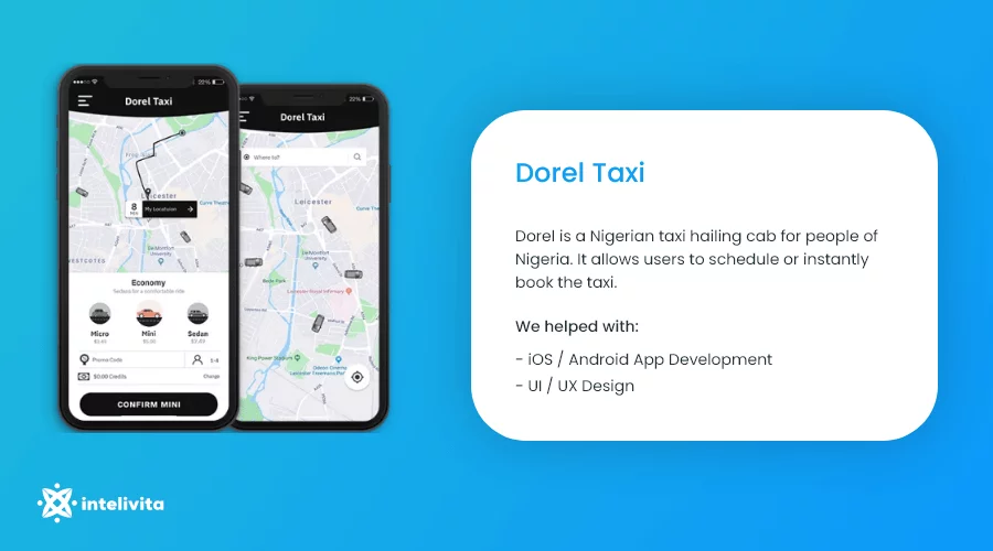 This image shows a successful taxi booking app developed by Intelivita for Nigerian client.