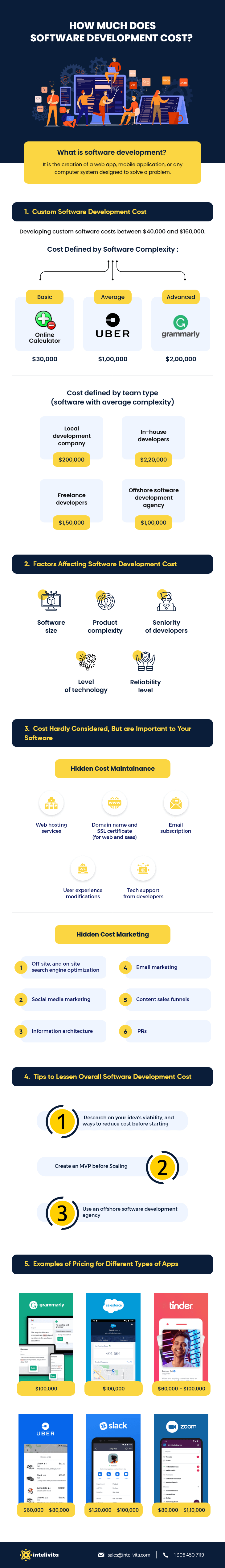 Infographic depicting the Costs of Software Development, Custom Software Development Cost, Cost defined by Team Type, the Factors affecting Software Development Cost, Hidden Costs of Software Development such as Maintenance and Marketing Costs, Tips to Reduce Overall Software Development Cost, and Examples of Pricing for Different Tof Apps