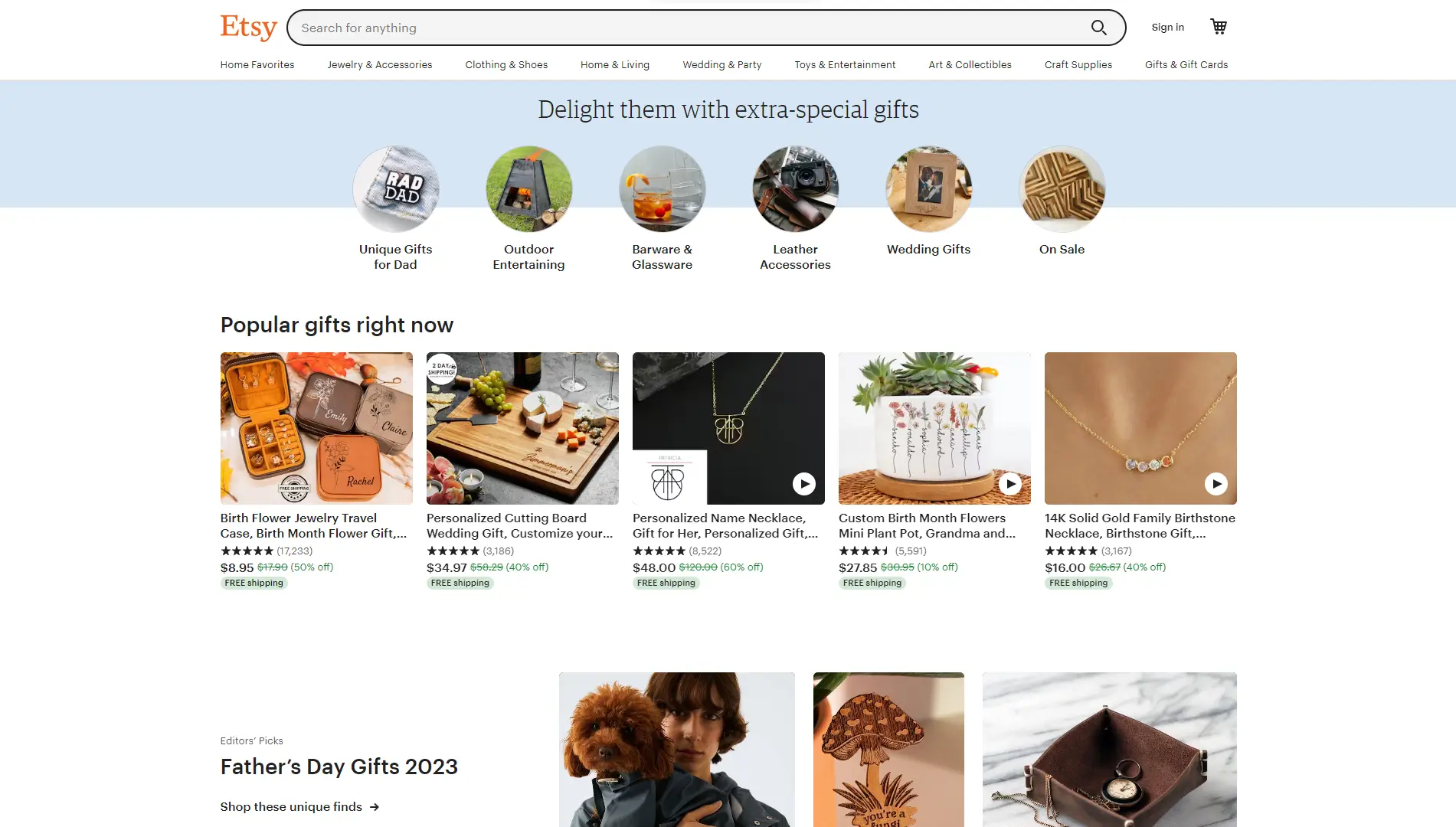 Image presenting Etsy Online Marketplace site's homepage.