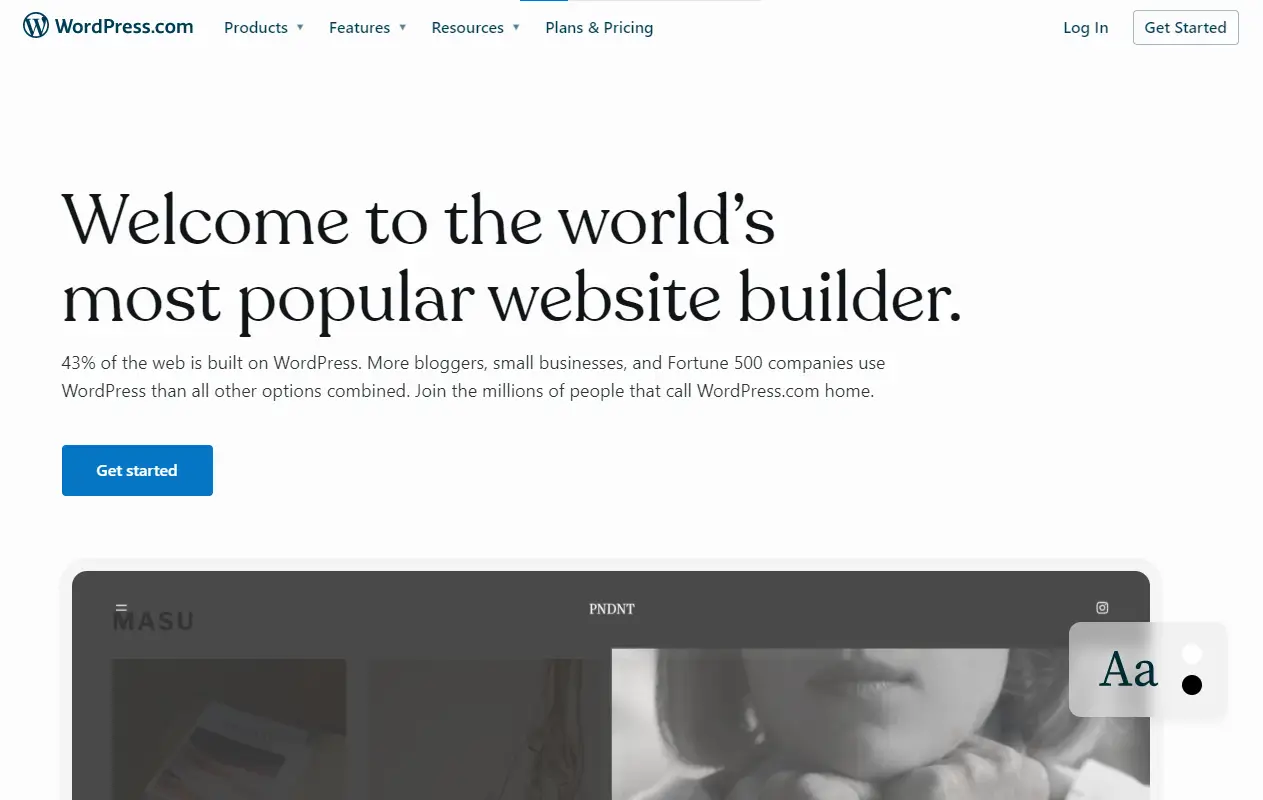 Image showing WordPress.com web builder's homepage.