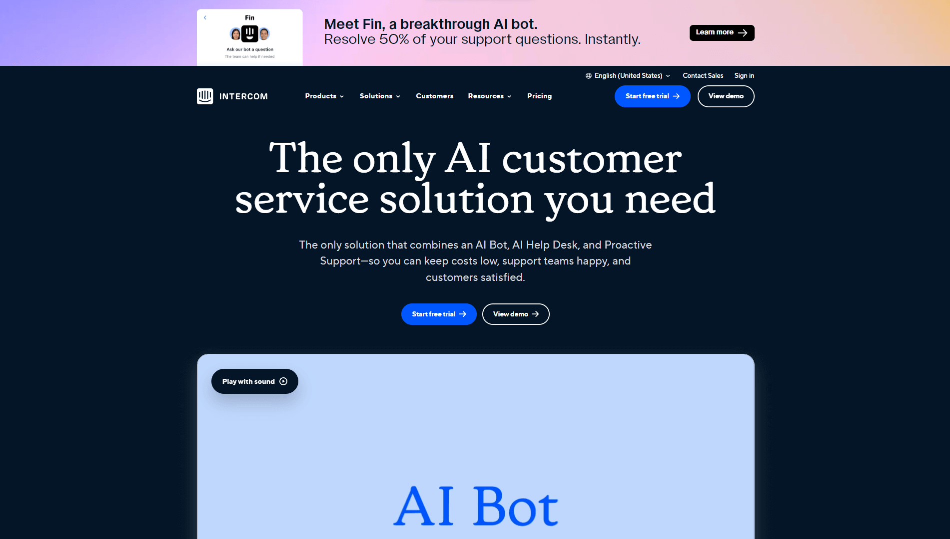 Homepage of Chatbot SaaS Intercom.