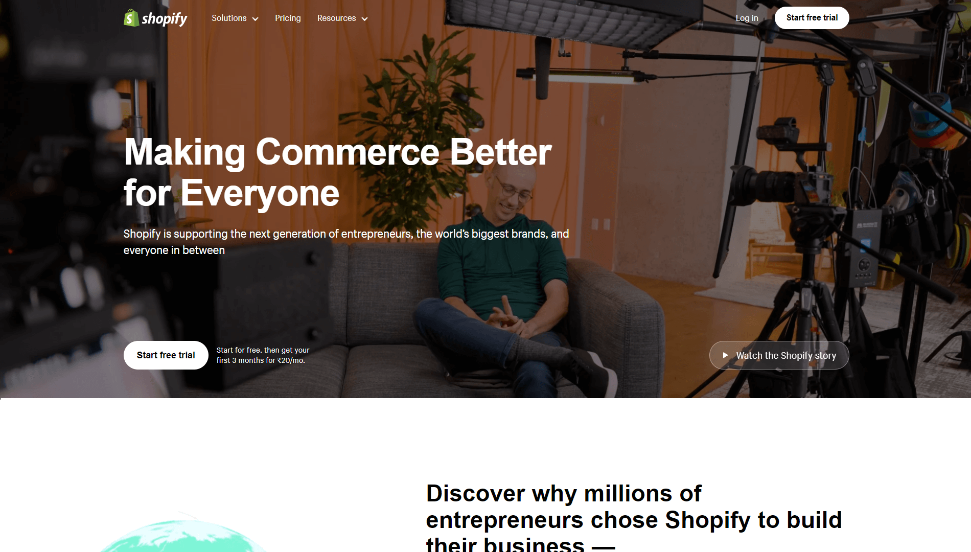 Image displaying Shopify eCommerce SaaS website's homepage.