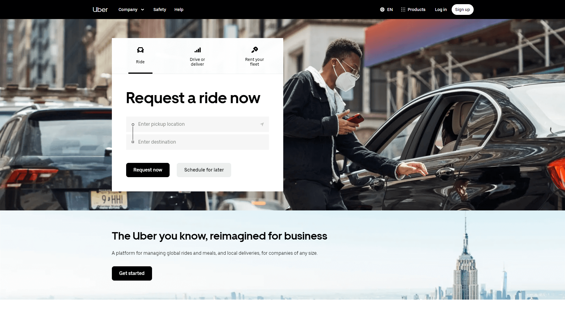 Image displaying Uber site's homepage.
