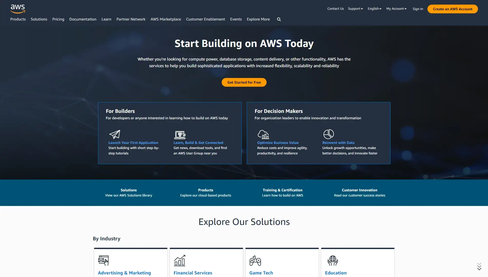 AWS website's homepage.