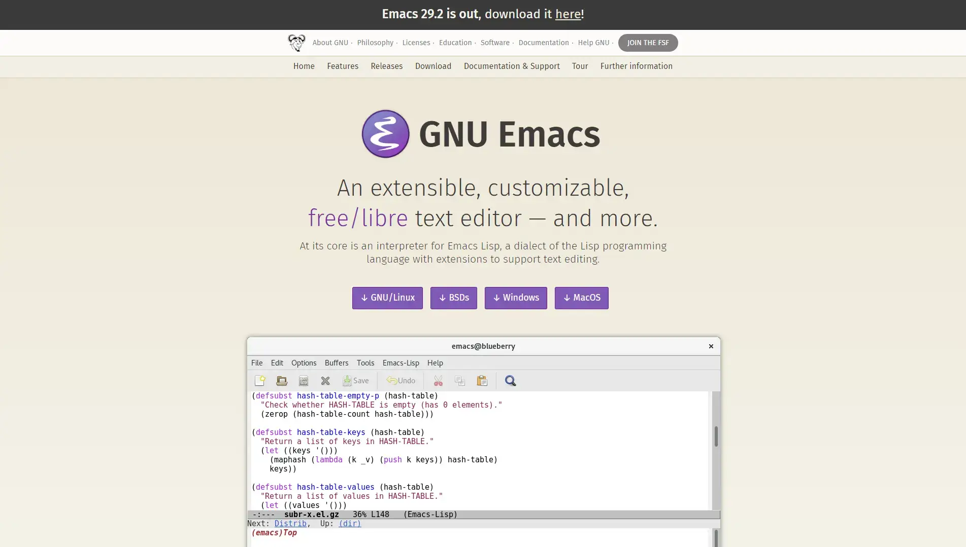 Image of Emacs official website page.