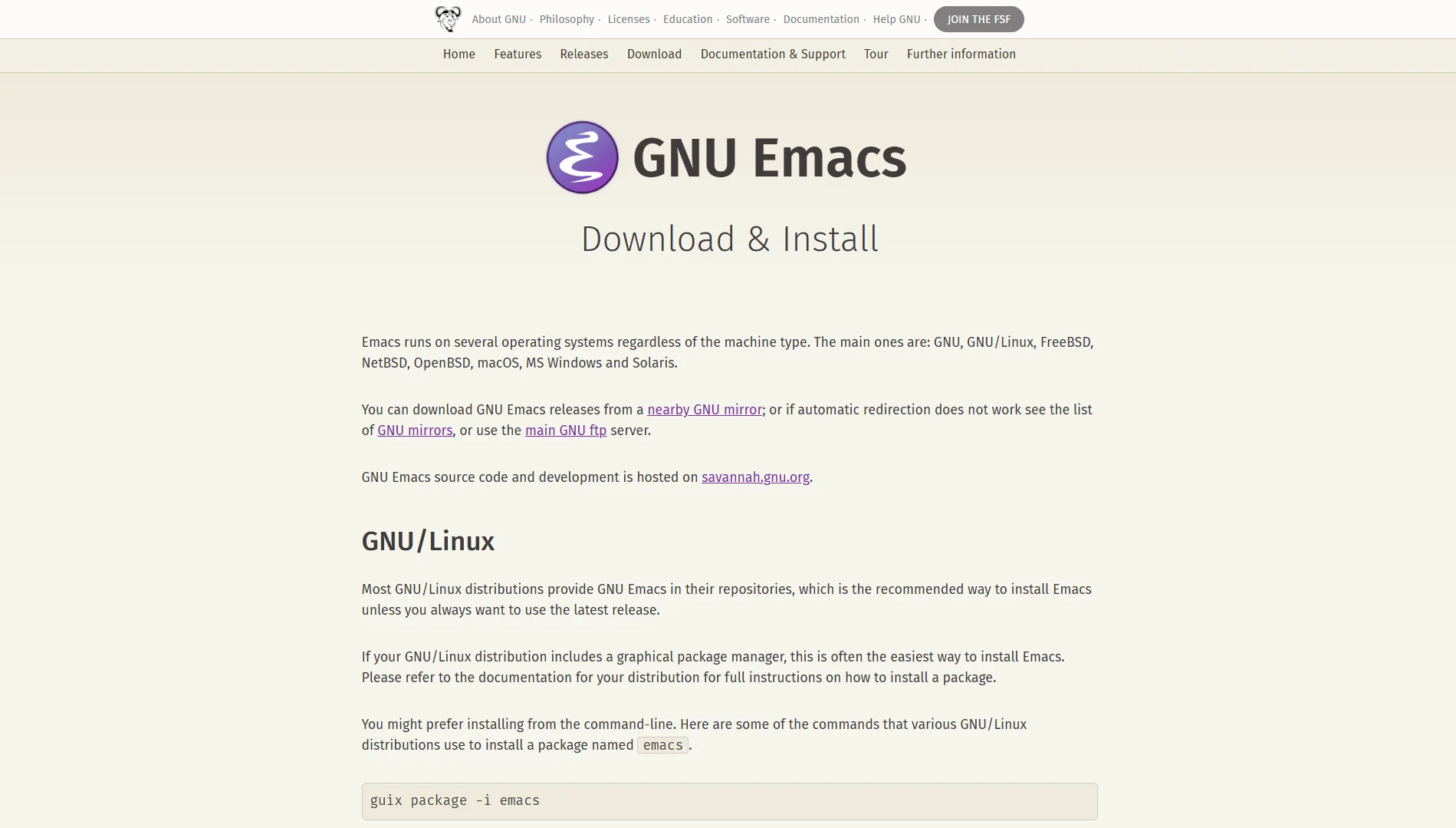 Image of Emacs official website page.