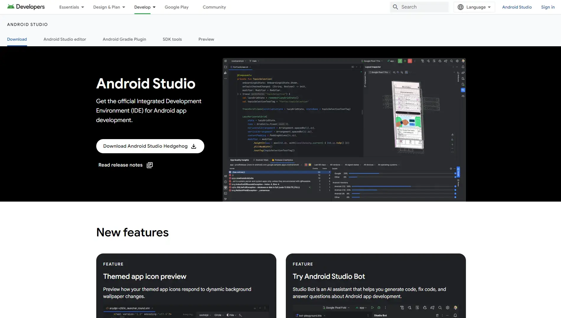 Android Studio website homepage image.