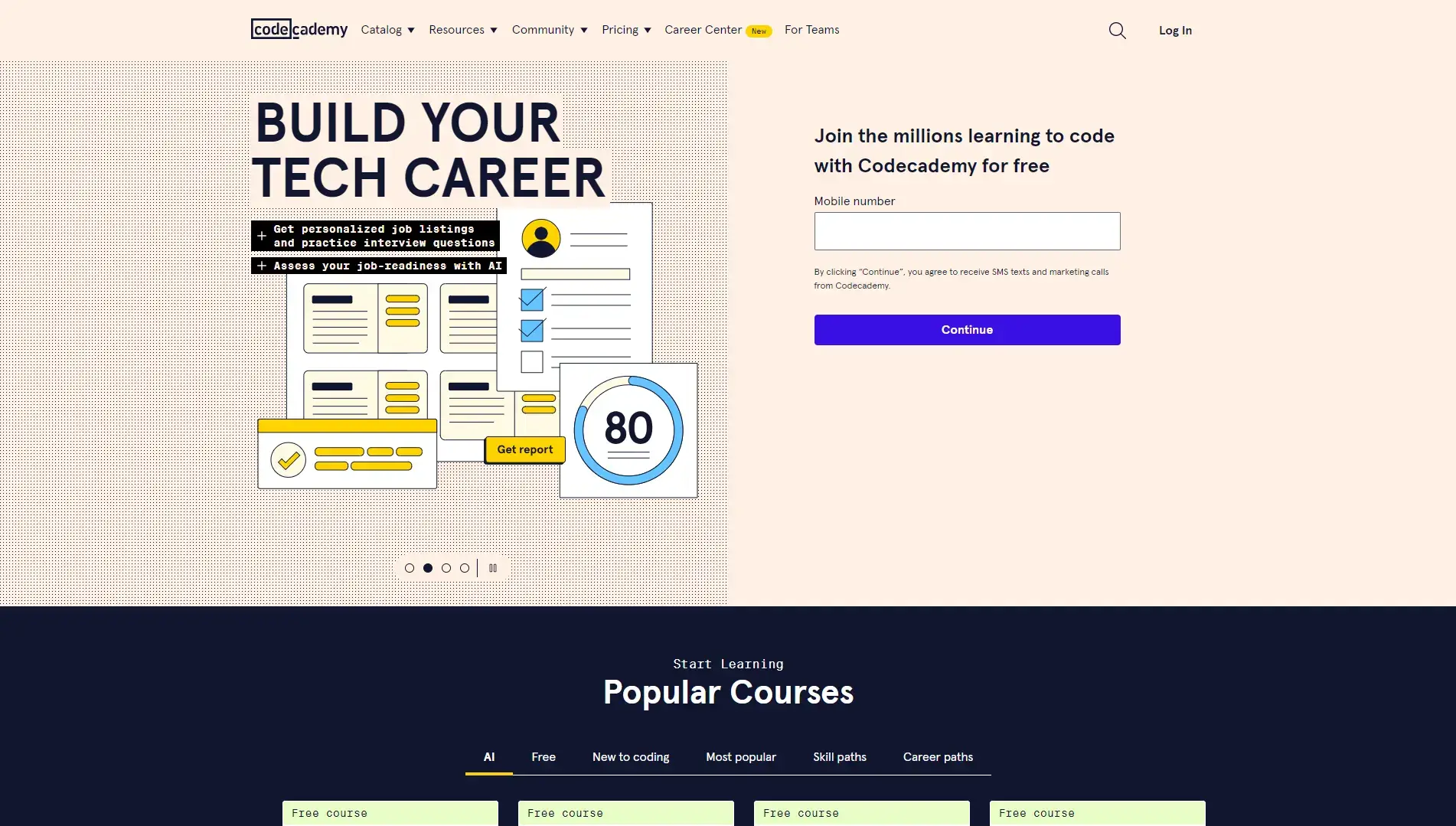 Image of Codecademy website's homepage.