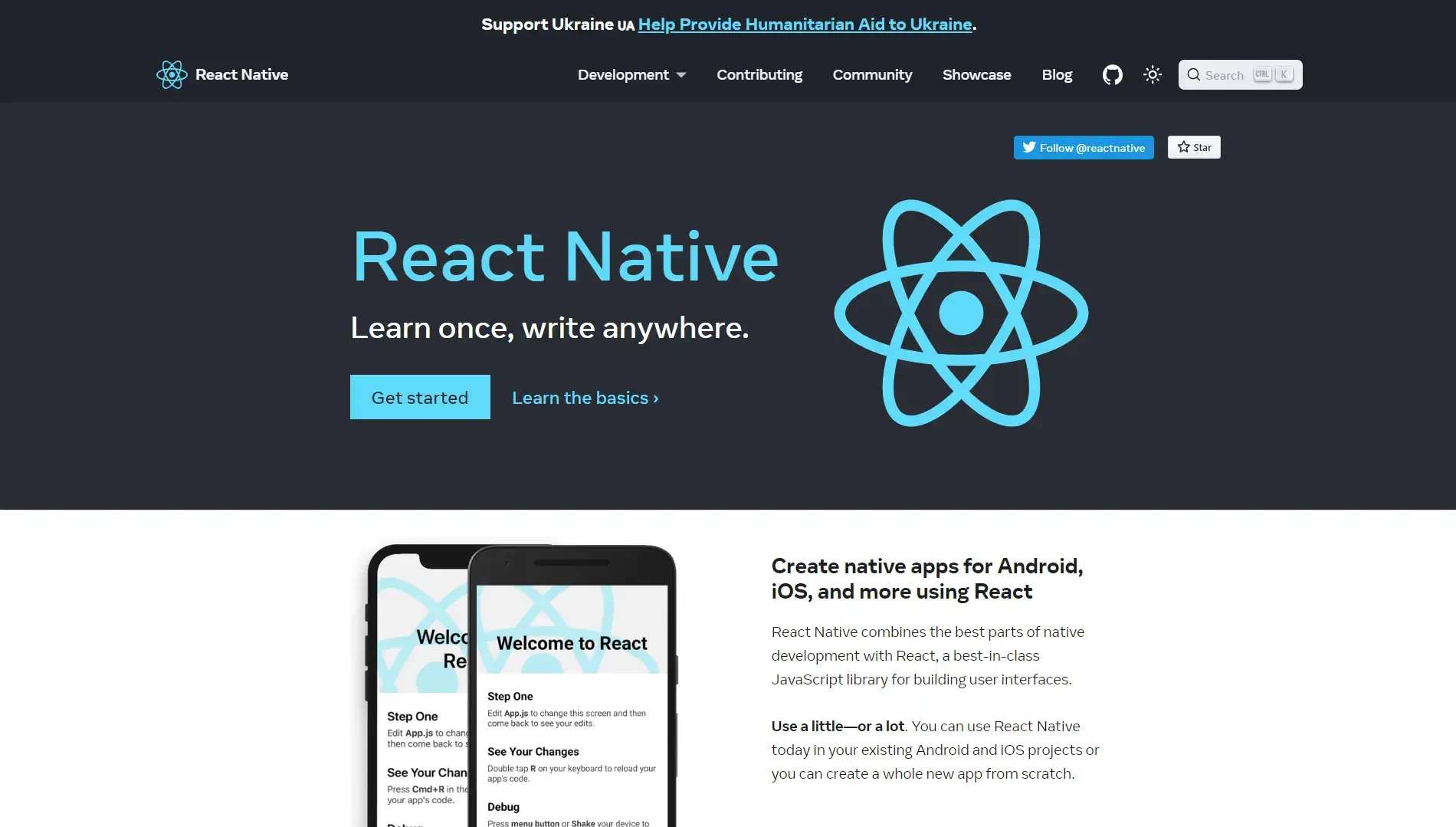React Native website homepage mage.