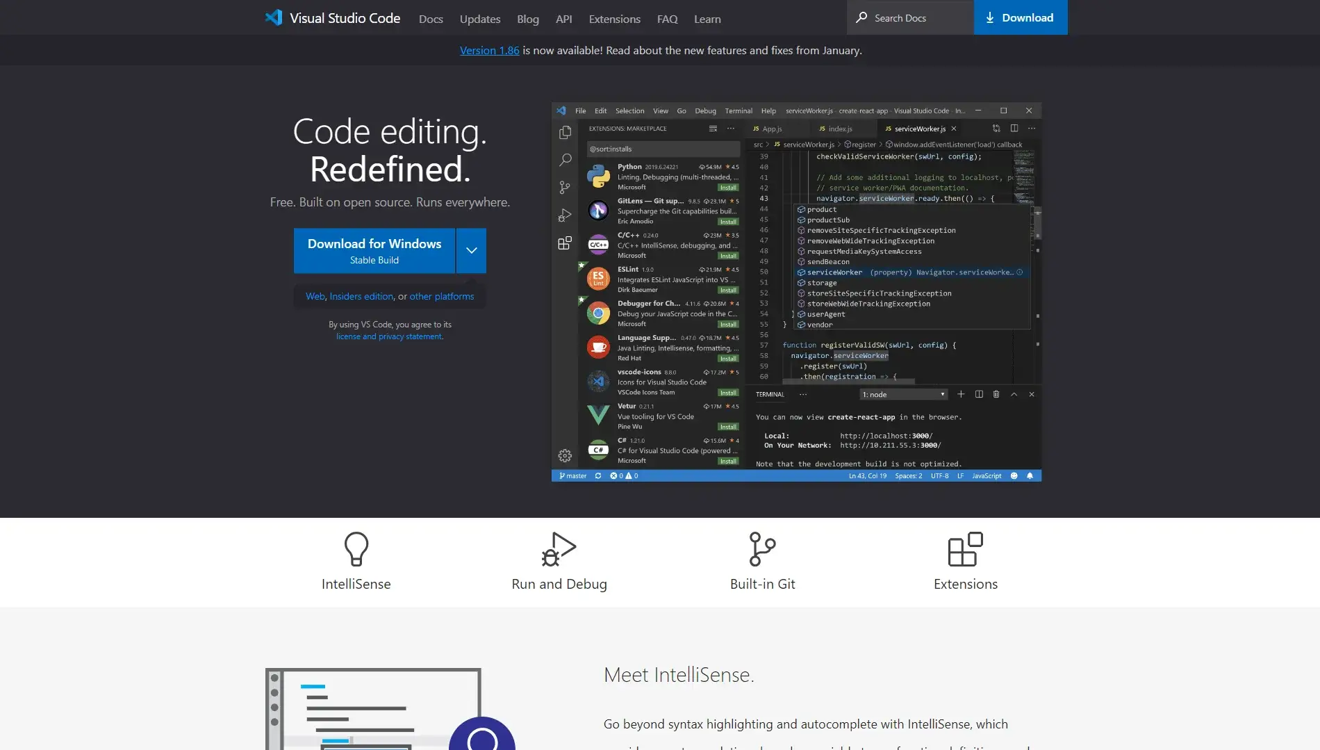 Visual Studio Code website homepage.