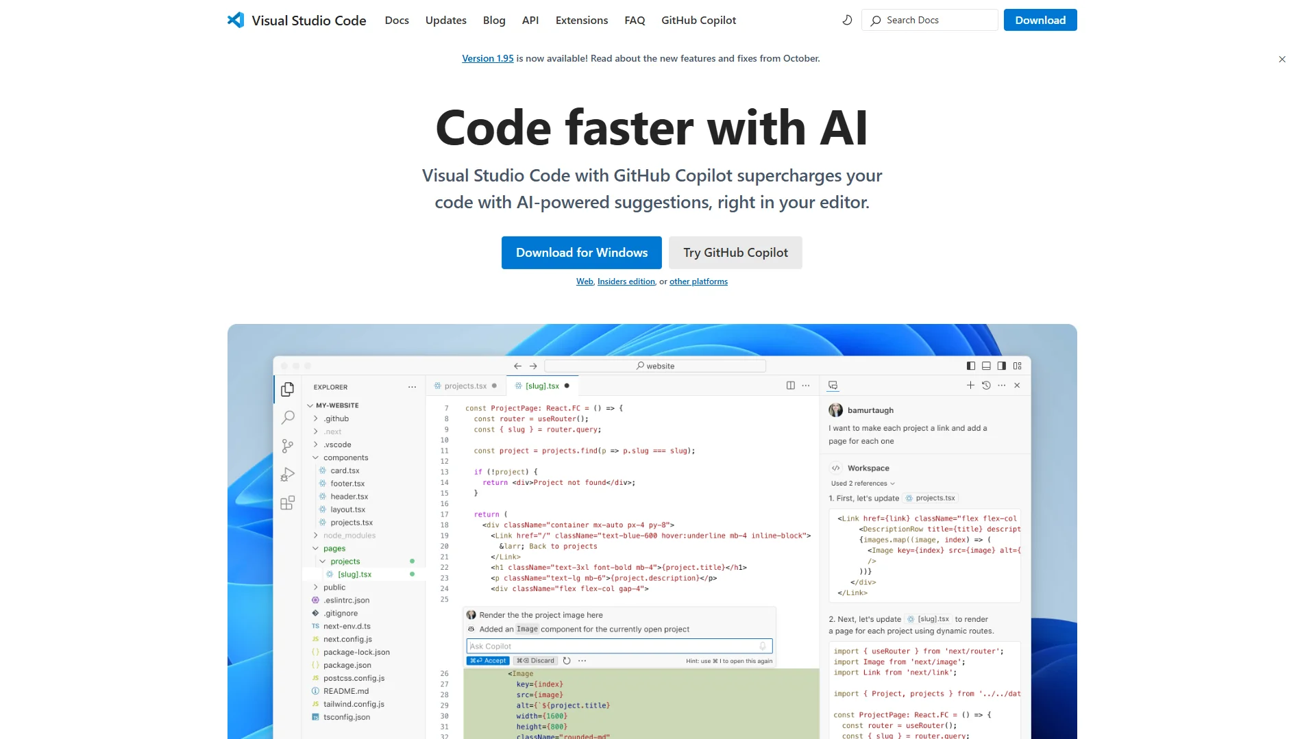 Visual Studio Code website homepage.