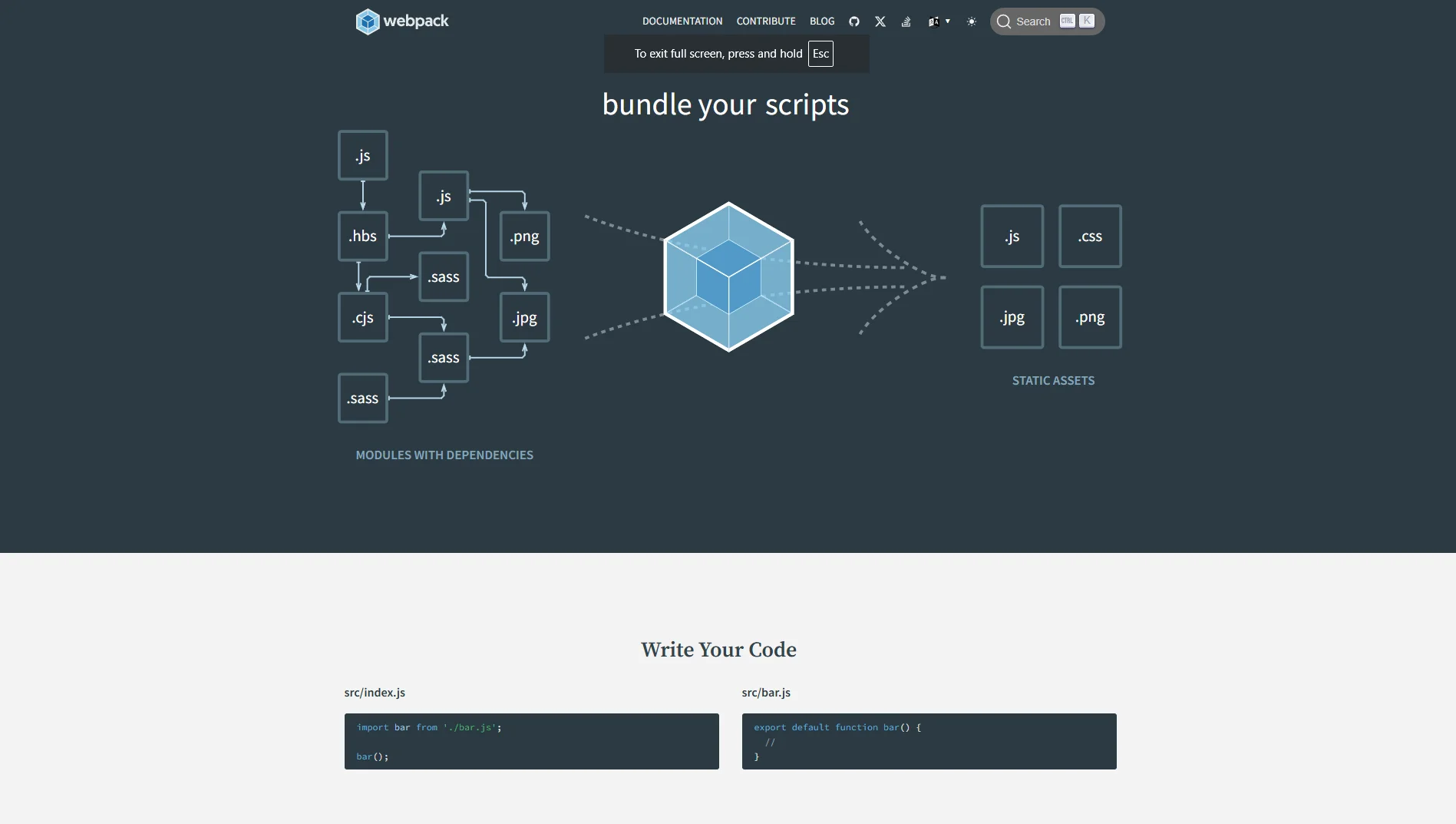 Webpack website homepage.