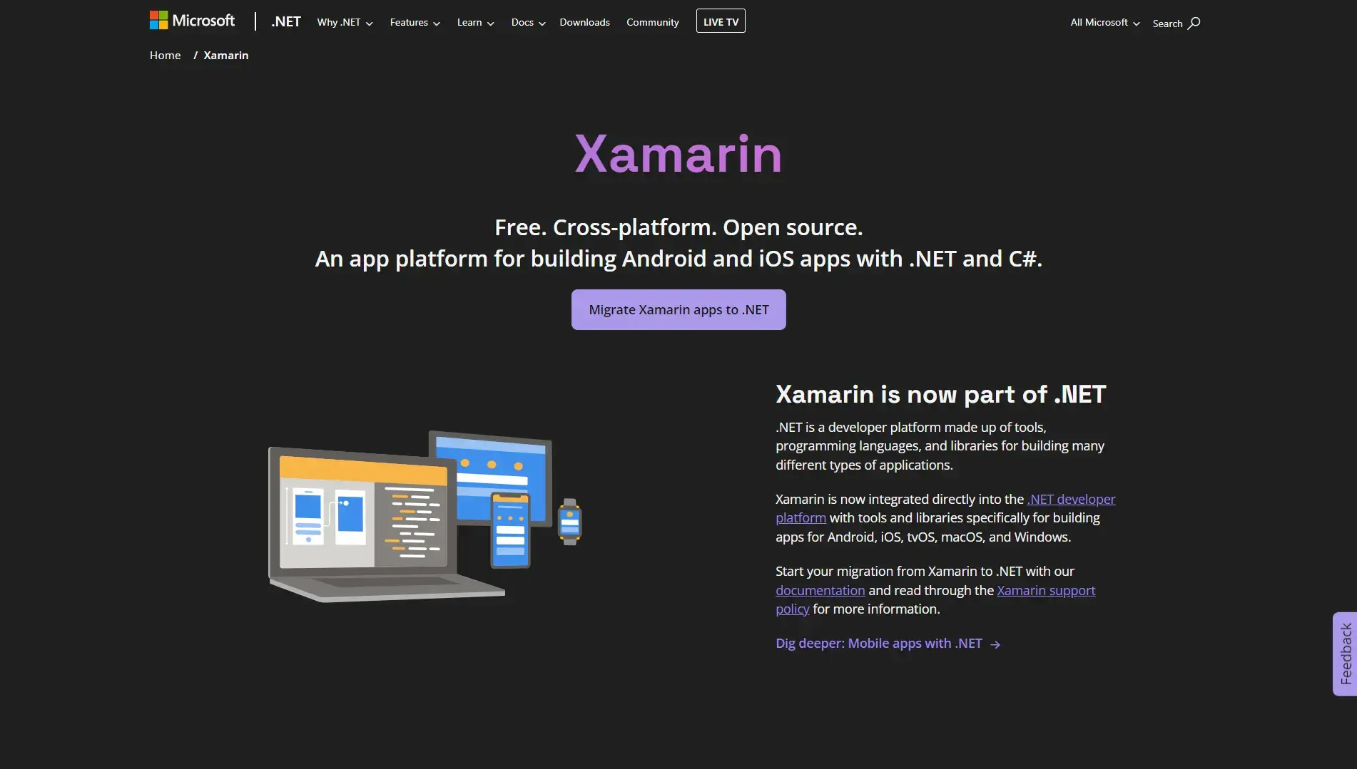 Image of Xamarin's website homepage.