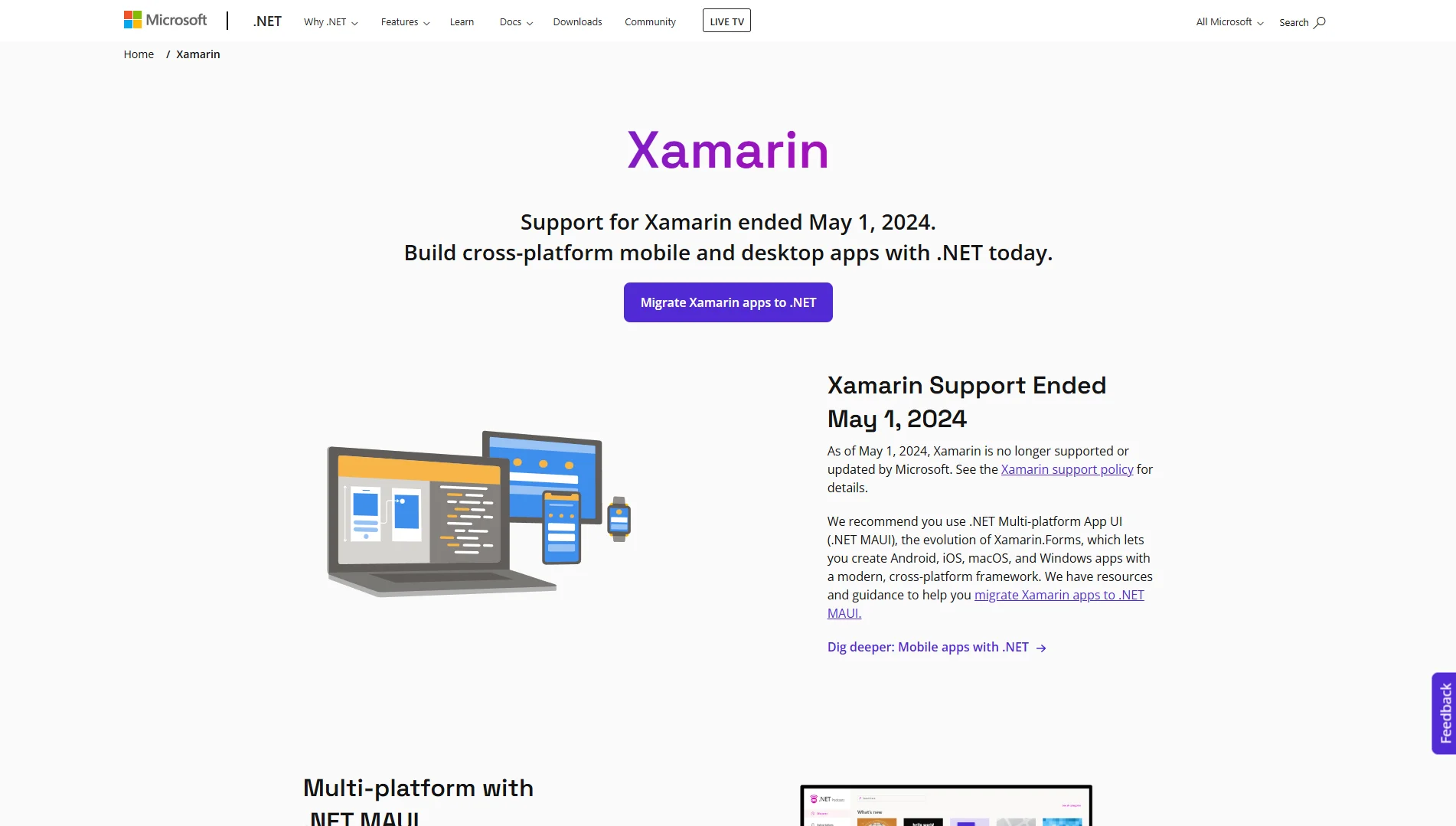 Image of Xamarin's website homepage.