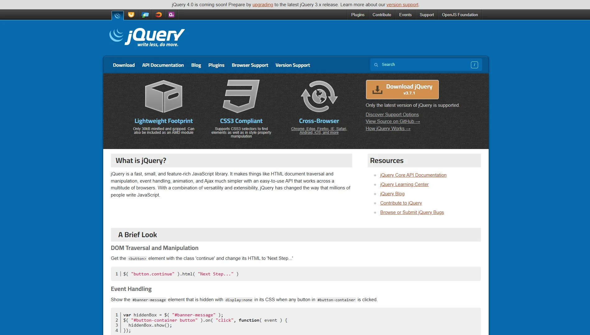 jQuery website homepage.