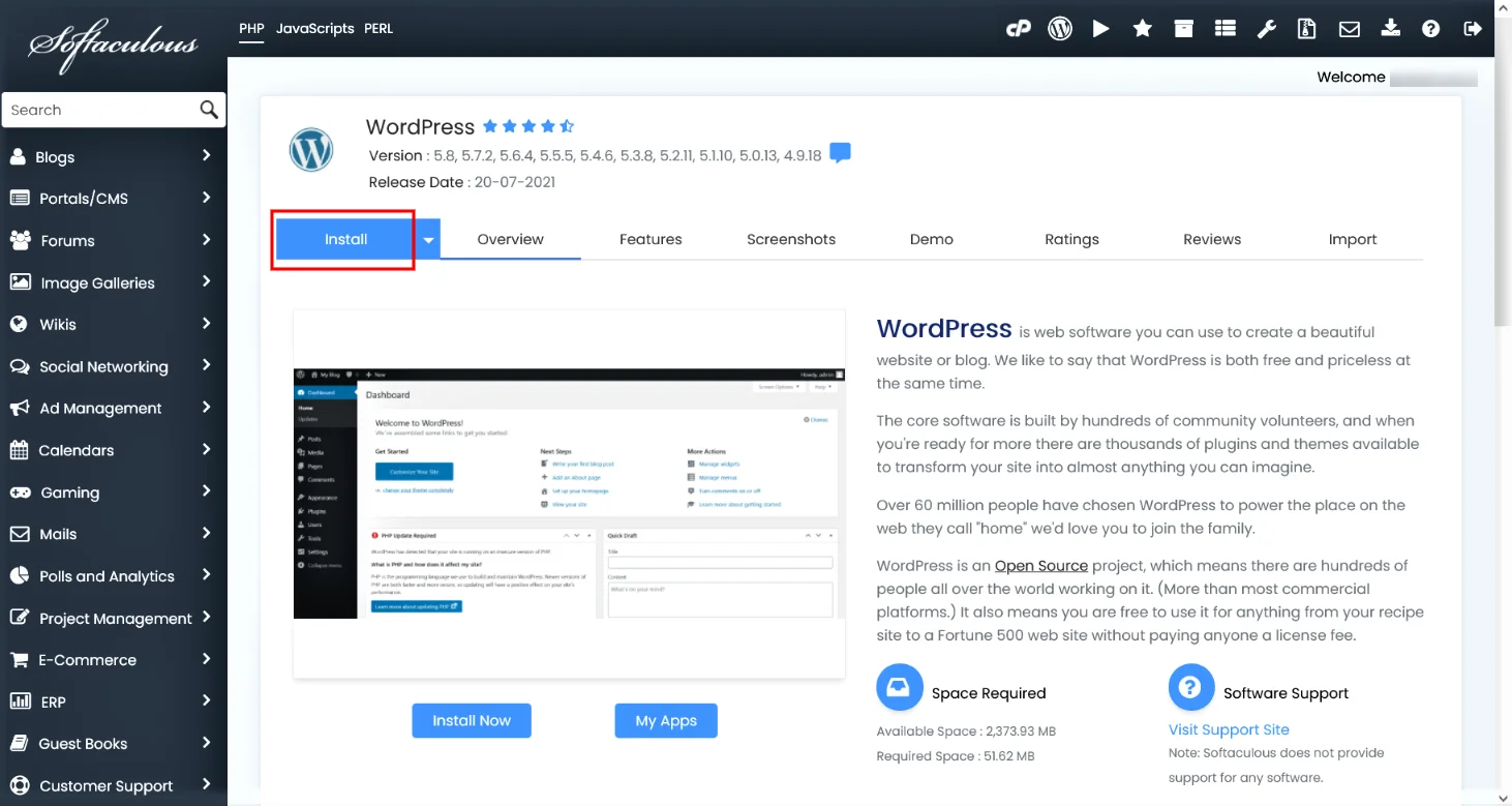 Softaculous WordPress Install