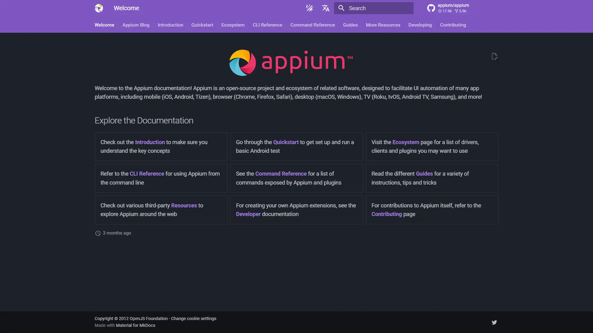 Appium website homepage.