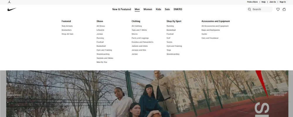 Nike's navigation menu