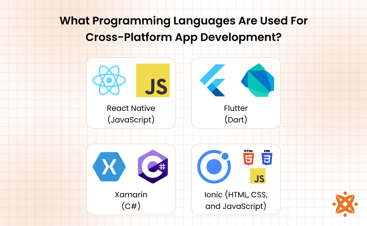 Programming languages used for cross-platform app development including Dart, JavaScript, and C#